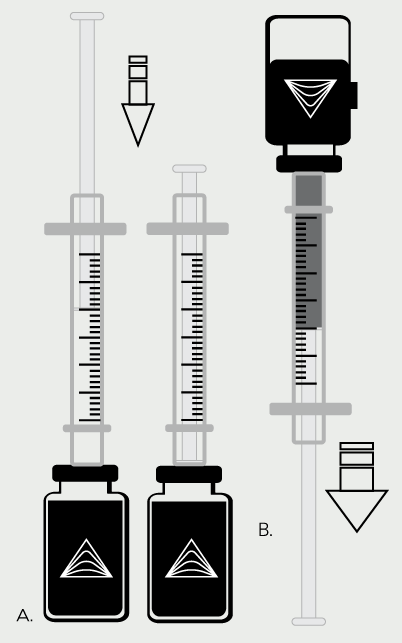 Two-step diagram showing how to insert a syringe into a testosterone vial and draw medication by pulling back the plunger to the correct dosage.
