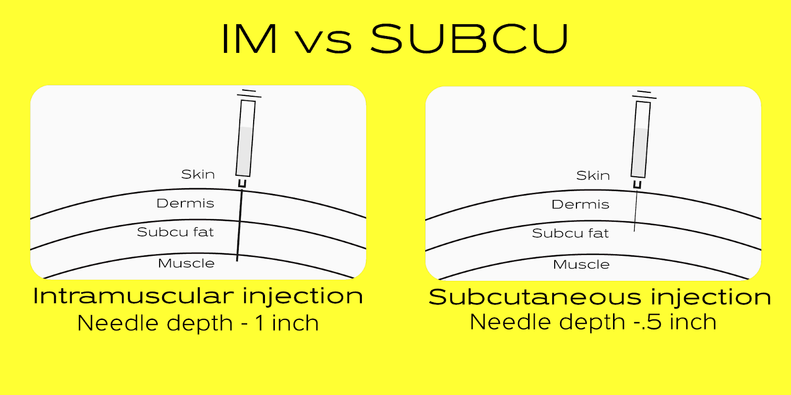 Side-by-side diagram comparing intramuscular (IM) and subcutaneous (SubQ) injections. Left: IM injection penetrates skin, dermis, subcutaneous fat, and into muscle at a depth of about 1 inch. Right: SubQ injection penetrates only skin and fat at a depth of about 0.5 inch.