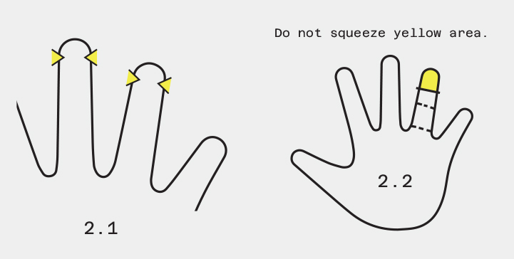 Figure 2.1: line drawing of a hand with yellow marks showing where to place the lancet, off-center on the finger pads. Figure 2.2: line drawing of a hand with the fingertip shaded yellow. Label: Do not squeeze yellow area.
